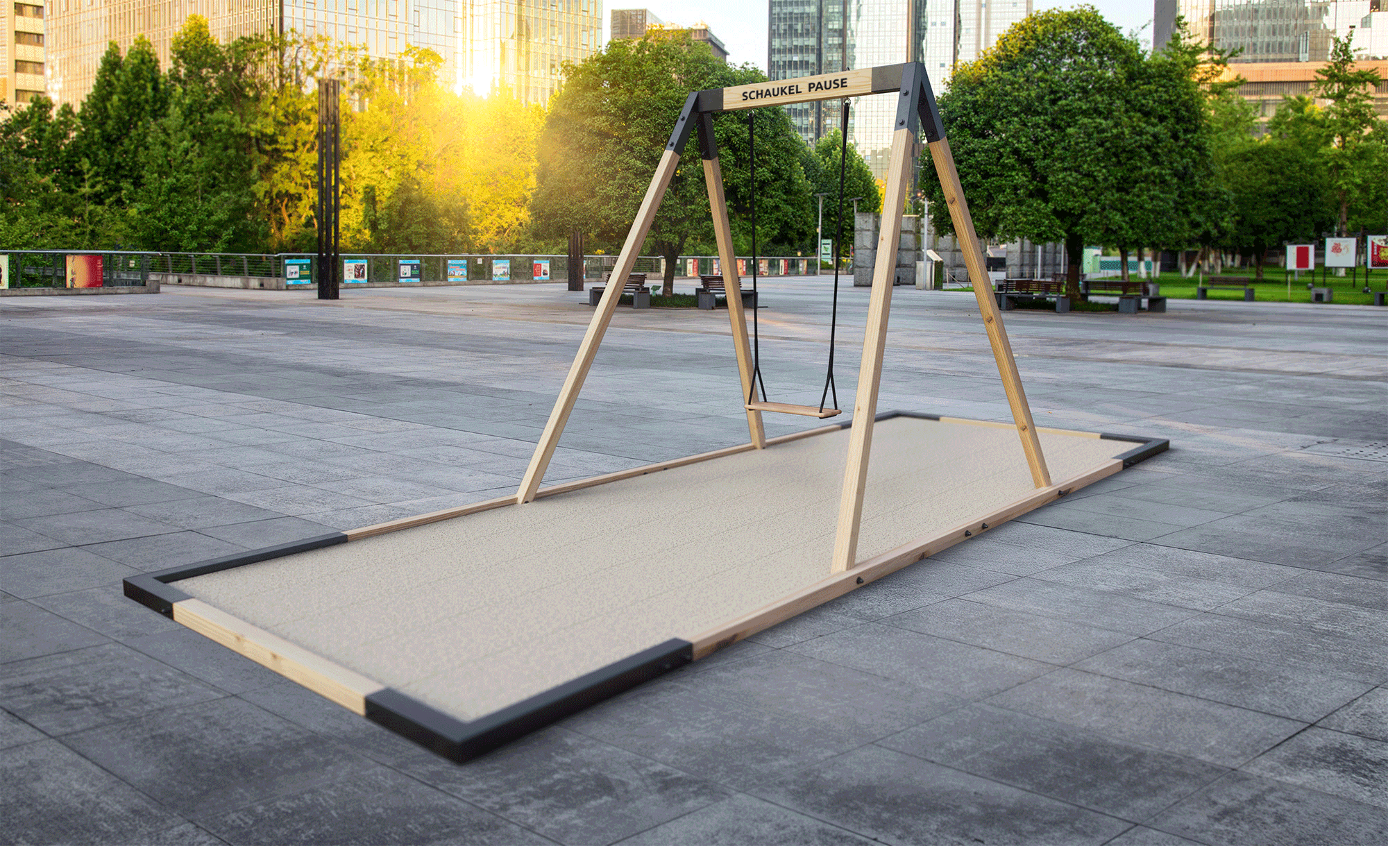 Imagine-Swings_Pop-up-Schaukel-GIF Freistehende Schaukel im Stadtraum, im Park und am Strand zum Sonnenuntergang
